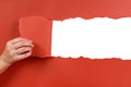 Hand tearing red paper background uncovering white copy space Royalty Free Stock Photo