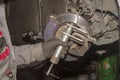 A hand technical specialist repairing the brake system of the modern car Royalty Free Stock Photo