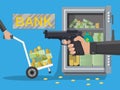 Hand of thief holding pistol in bank