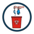 Hand throwing away used protective face mask and gloves in trash bin. garbage bin for biohazard waste.