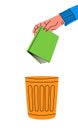 Hand throwing book in recycle bin. Garbage utilisation. Bookcrossing, books recycle illustration Royalty Free Stock Photo