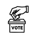 Hand throws ballot into ballot box and inscription to vote icon sketch, hand