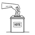 Hand throws ballot into ballot box and inscription to vote icon sketch, hand