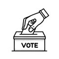 Hand throws ballot into ballot box and inscription to vote icon sketch, hand