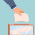 The hand throws the ballot paper into the box. flat style