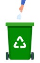 Hand throws broken wine glass into the green Bin with recycling symbol for organic waste. Garbage sorting. Vector illustration for