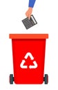 Hand throws the calculator into the Red Bin with recycling symbol for e-waste. Garbage sorting. Vector illustration for zero waste