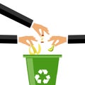 The hand throws garbage into the garbage can, many hands throwing out garbage