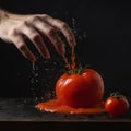 Hand throws a red ripe tomato, tomato juice splashes in all directions on a black background close-up,