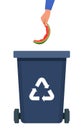 Hand throws watermelon rind into the black Bin with recycling symbol for organic waste. Garbage sorting. Vector illustration for