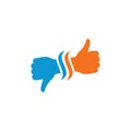 Hand Thumb Up and down icon flat. Illustration isolated on white background. Vector blue and orange sign symbol. Network