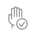 Hand with tick checkmark line icon. Hygiene, human protection symbol