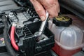 Hand tightening a clamp of a car engine with a wrench