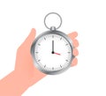 Hand with timer. Vector flat cartoon illustration. Clock icon vector. Time management. Stopwatch icon, logo. Royalty Free Stock Photo