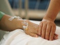Closeup Hand to encourage Patients sleep to saline at the hospital ward get well soon