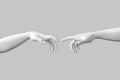 Hand to Hand. Abstract Imitation of Michelangelo\'s the Creation of Adam. God and Adam Hands. 3d Rendering