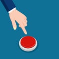 The hand is about to press a separate red warning button on the background. activation concept Royalty Free Stock Photo