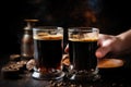 hand toasting two glasses of stout beer, with frothy tops