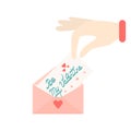 Hand took out of the mail envelope Valentines day card with hand drawn lettering - Be my Valentine. Trendy cute elements Love