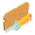 Hand tool icon isometric vector. Yellow reciprocating saw and wooden board icon Royalty Free Stock Photo