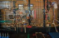 Hand tool kit object arrangement on car auto service and maintenance wall