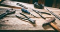 Hand tool old on wood, carpentry vintage equipment. Work tool used on wooden background Royalty Free Stock Photo