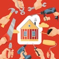 Hand tool vector house construction handtools hammer pliers and screwdriver of toolbox illustration workshop backdrop