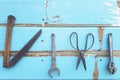hand tools hanging on wooden panel Royalty Free Stock Photo