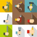 Hand with tools icons set, flat style Royalty Free Stock Photo