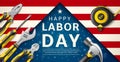 Hand tools labor day poster. Realistic repair master instruments, american workers professional holiday banner, 3d