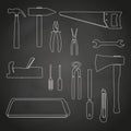 Hand tools outline icons on chalkboard eps10