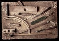 Hand tools Wood on an old wooden workbench Royalty Free Stock Photo