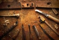 Hand tools Wood on an old wooden workbench