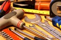 Hand tools on wooden background Royalty Free Stock Photo
