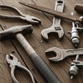 Of hand tools on a wooden surface including rusted pliers a hammer with a Royalty Free Stock Photo