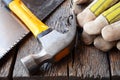 Hand Tools and Work Bench Background Royalty Free Stock Photo