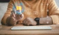 Hand touch on document for Send of document on internet. Data transfer. Transfer file of data between folder Royalty Free Stock Photo