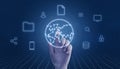Hand touch globe network map concept. Internet and computing icons concept surround globe and hand Royalty Free Stock Photo
