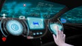 Hand touch screen dashboard graphic user interfaceGUIdigital hologram,virtual screen system HUDHead Up Displayof futuristic