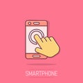 Hand touch smartphone icon in comic style. Phone finger vector cartoon illustration on isolated background. Cursor touchscreen