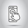 Hand touch smartphone icon in flat style. Phone finger vector illustration on isolated background. Cursor touchscreen business