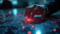 Hand touches digital map with glowing restricted zones. Government official analyzes global data authority control. Interactive Royalty Free Stock Photo