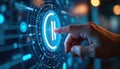 Hand touches futuristic glowing pause button on digital interface. Blue energy effects surround control symbol on screen. Royalty Free Stock Photo