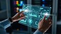 Futuristic holographic interface displaying financial data and charts with a hand interacting Royalty Free Stock Photo