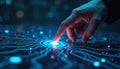 Hand touches glowing digital interface button connected to tech network. Finger interacts. Futuristic tech, innovation, modern Royalty Free Stock Photo