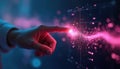 Hand touches glowing particle stream data visualization. Abstract digital network, futuristic interface, cybernetic connection, Royalty Free Stock Photo