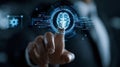 Hand touching artificial intelligence brain virtual interface Royalty Free Stock Photo