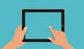 Hand touching blank screen of realistic tablet computer. Using digital tablet pc, flat design concept. Eps 10 vector