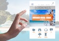 Hand Touching Bookings Holiday break App Interface with swimming pool Royalty Free Stock Photo