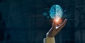 Hand touching brain of AI, Symbolic, Machine learning, artificial intelligence of futuristic technology. AI network of brain